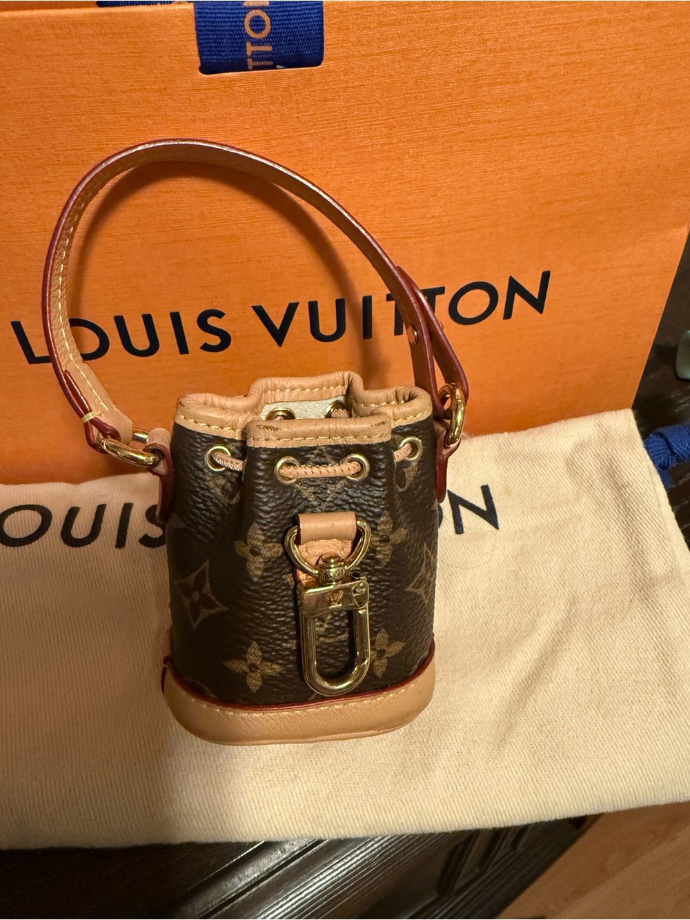 Louis Vuitton Brown Monogram Mini Bucket Charm with Tan Trim and Gold Hardware